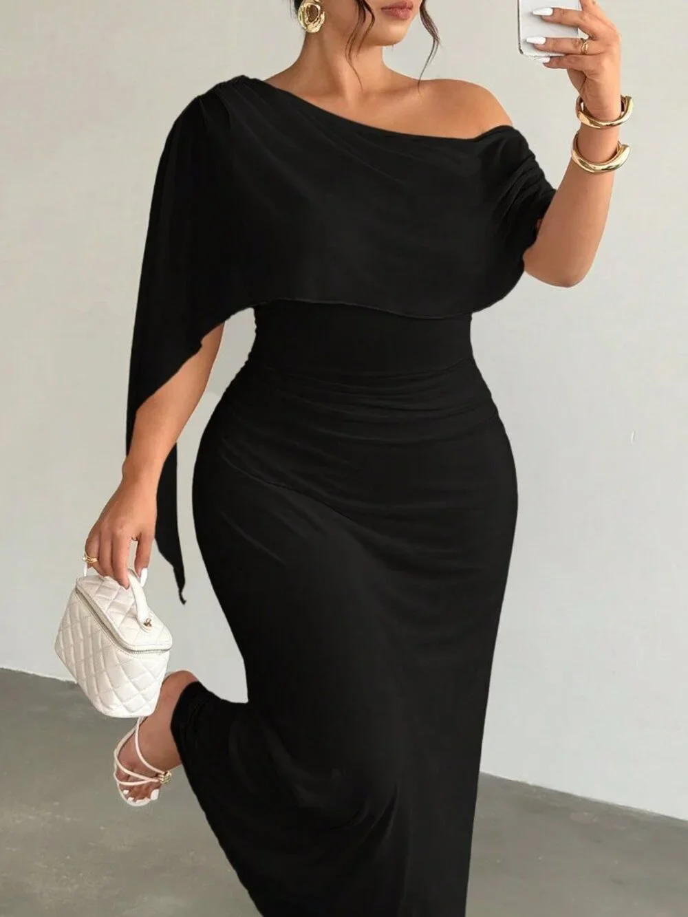 Black Elegant Women's Slim Fit Ruched Asymmetric High Waisted Long Pencil Dress